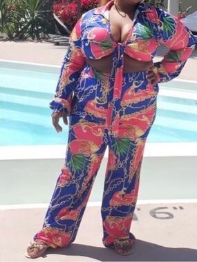 Plus Size Tie-Front Printed Jumpsuit - Blue & Pink